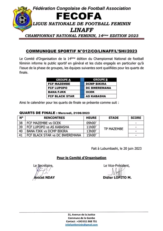 Copie du calendrier de quarts de finale 