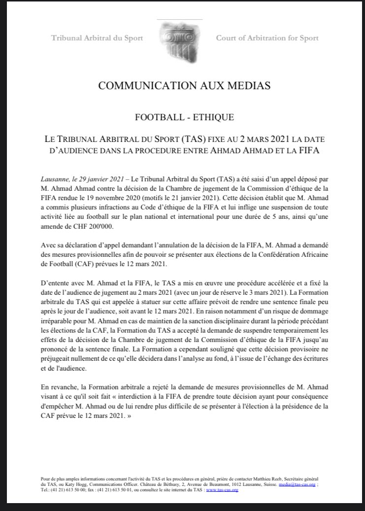 Communiqué du TAS