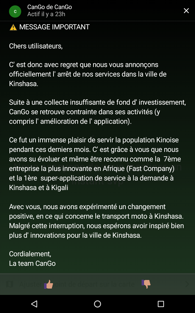 Le message apparaissant à l'ouverture de l'appli