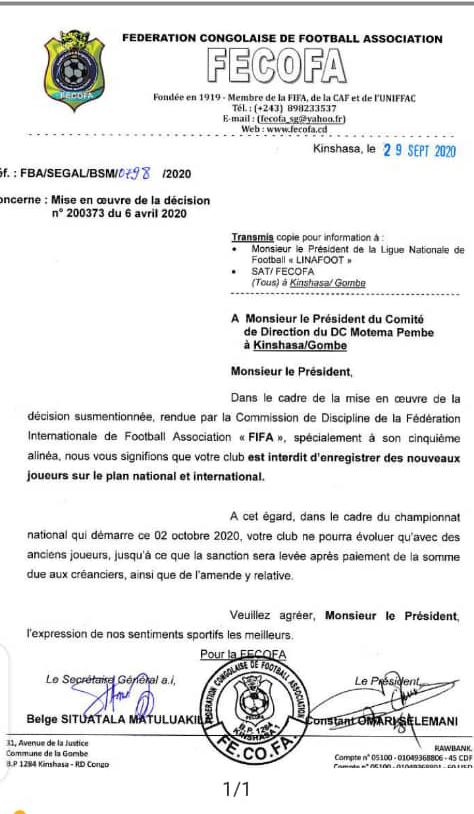 Correspondance de la FECOFA au DCMP 