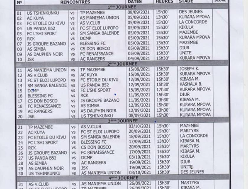 Calendrier de la Linafoot saison 2021-2022
