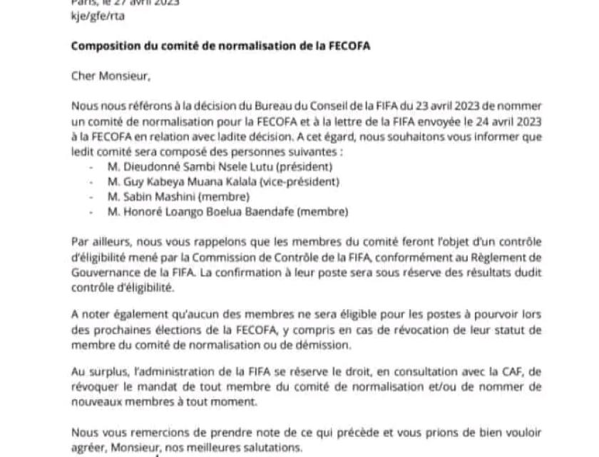 Paris, Correspondance de la FIFA adressée à la FECOFA, 27 avril 2023.