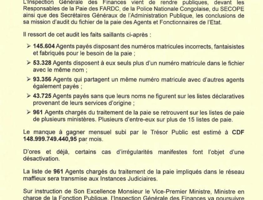 Communiqué de l'IGF après l'audit sur le fichier de paie des fonctionnaires 