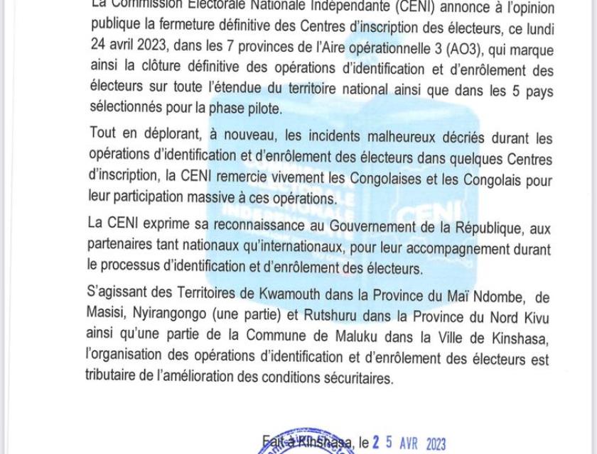 Communiqué de presse sur la fermeture des centres d'inscription des électeurs 