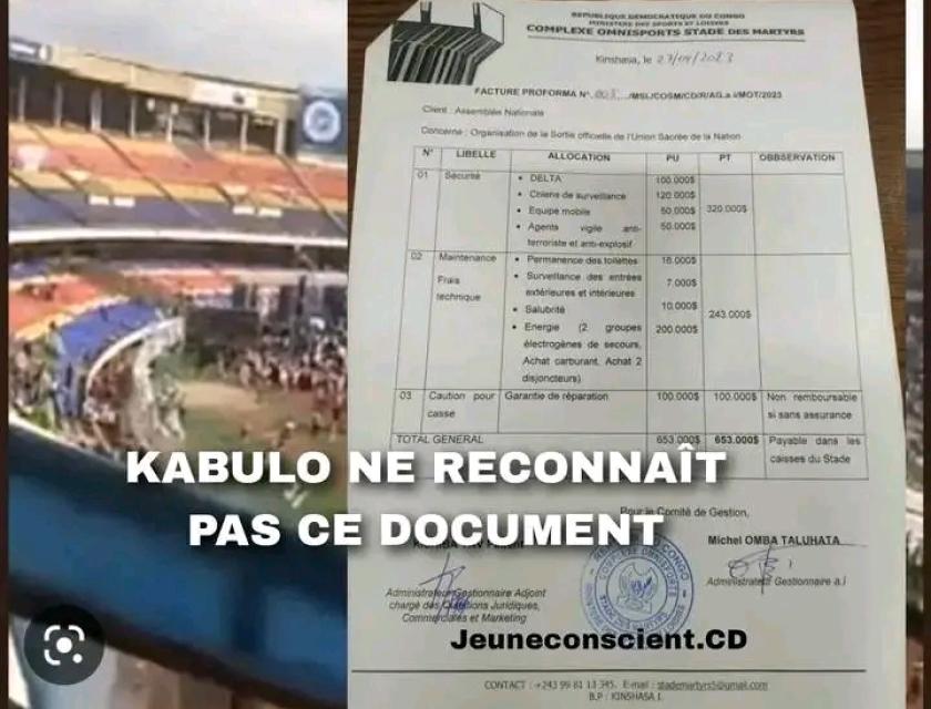 Le document faisant état de la facturation de l'USN par le gestionnaire du stade de martyr. 