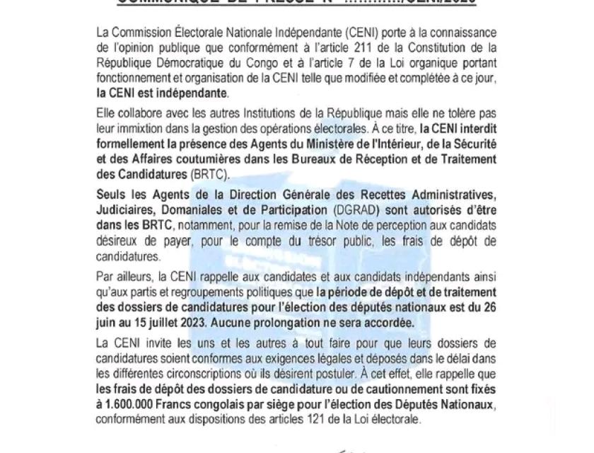 Communiqué de la CENI sur l'interdiction formelle aux agents du ministère de l'Intérieur, Sécurité et Affaires coutumières de s'ingérer dans les « BRTC »