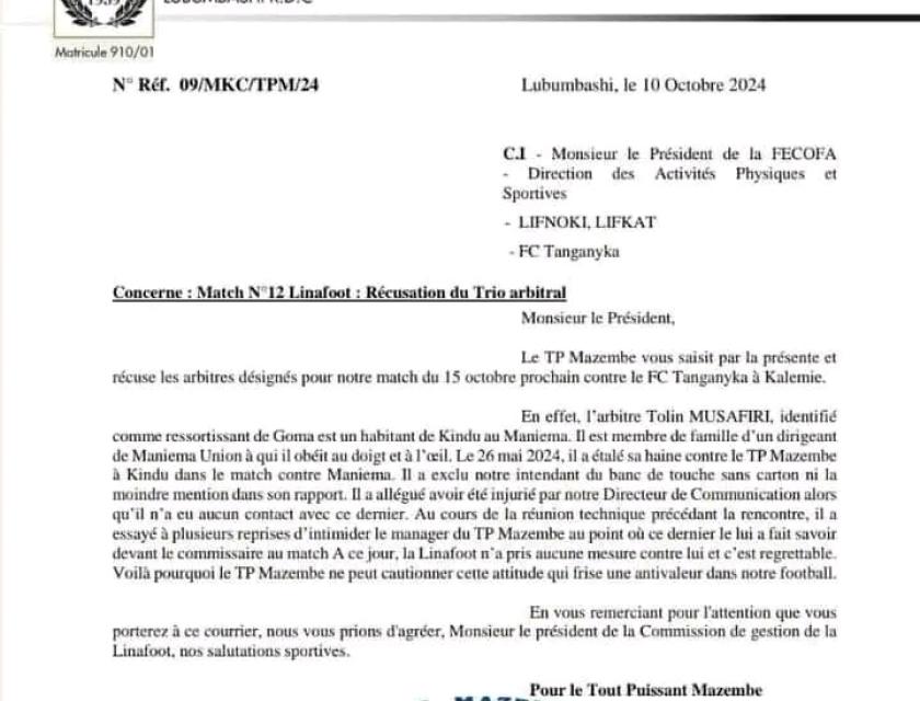 Correspondance officielle du TP Mazembe 