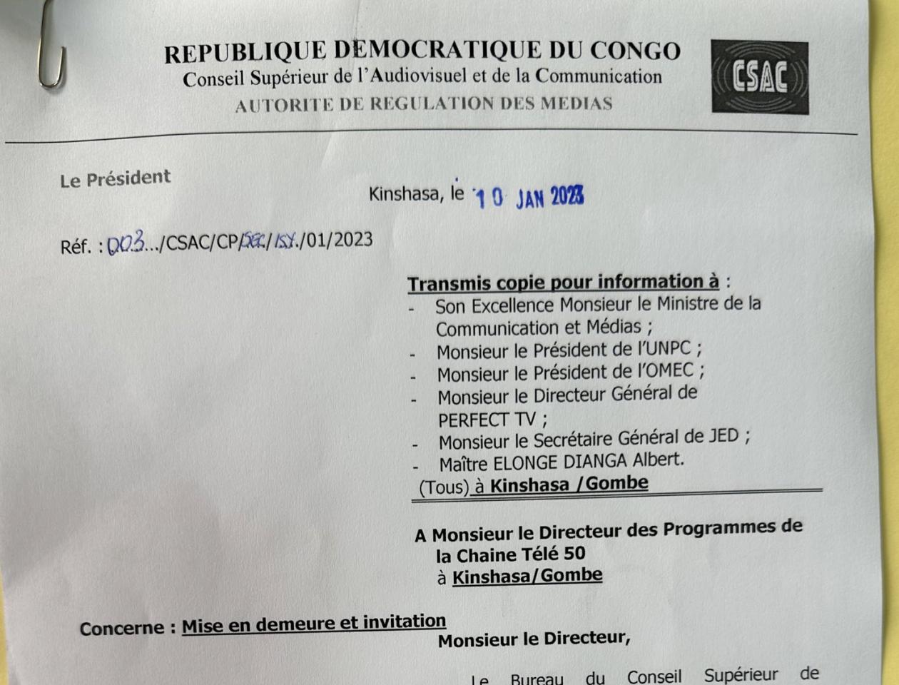 Invitation de la CSAC au directeur de programme de télé 50 