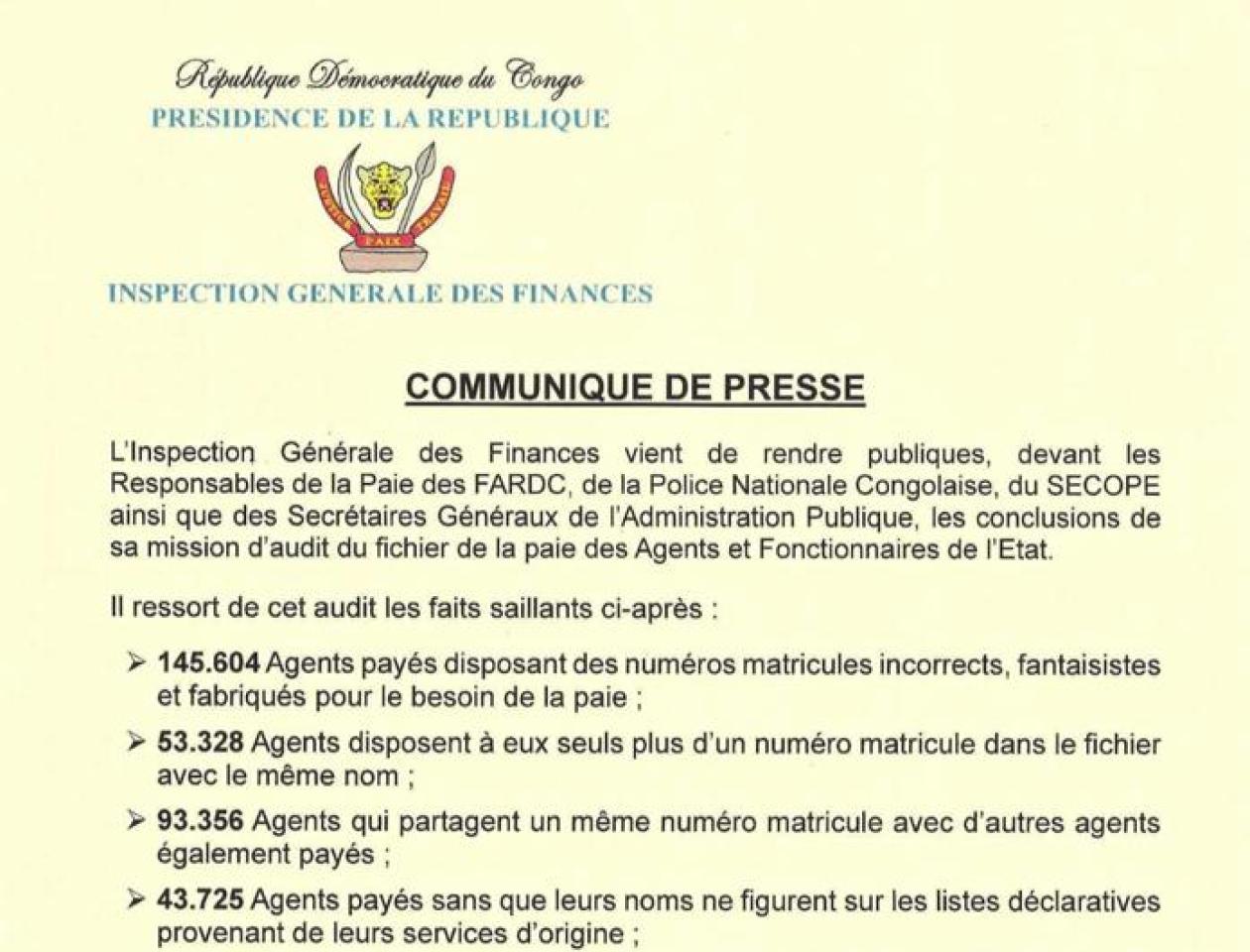 Communiqué de l'IGF après l'audit sur le fichier de paie des fonctionnaires 