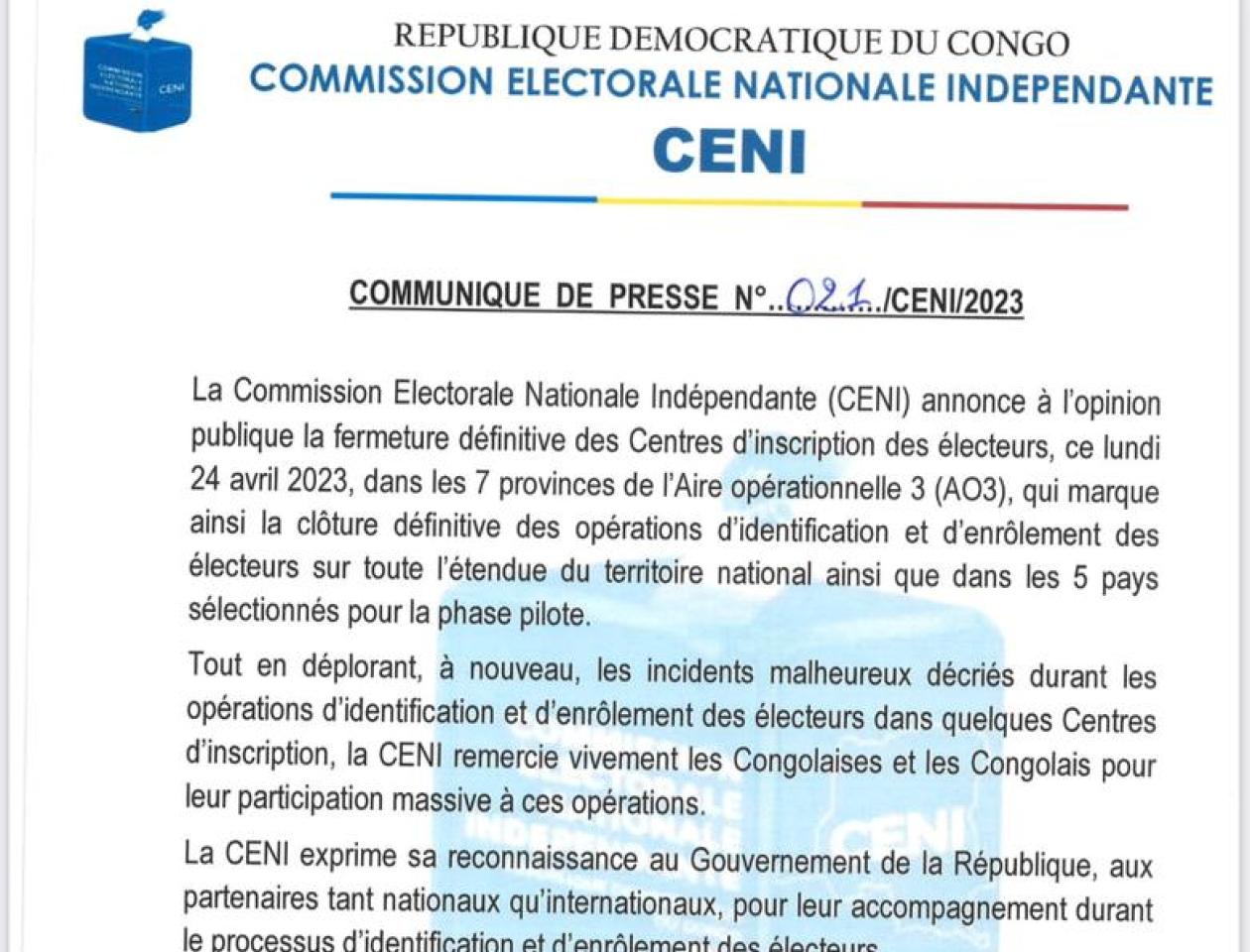Communiqué de presse sur la fermeture des centres d'inscription des électeurs 