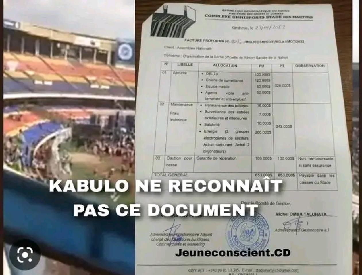 Le document faisant état de la facturation de l'USN par le gestionnaire du stade de martyr. 