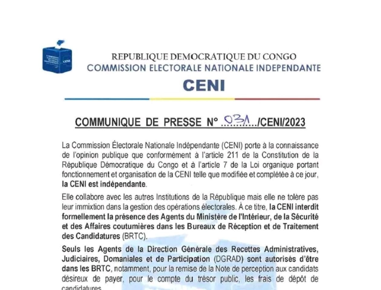 Communiqué de la CENI sur l'interdiction formelle aux agents du ministère de l'Intérieur, Sécurité et Affaires coutumières de s'ingérer dans les « BRTC »
