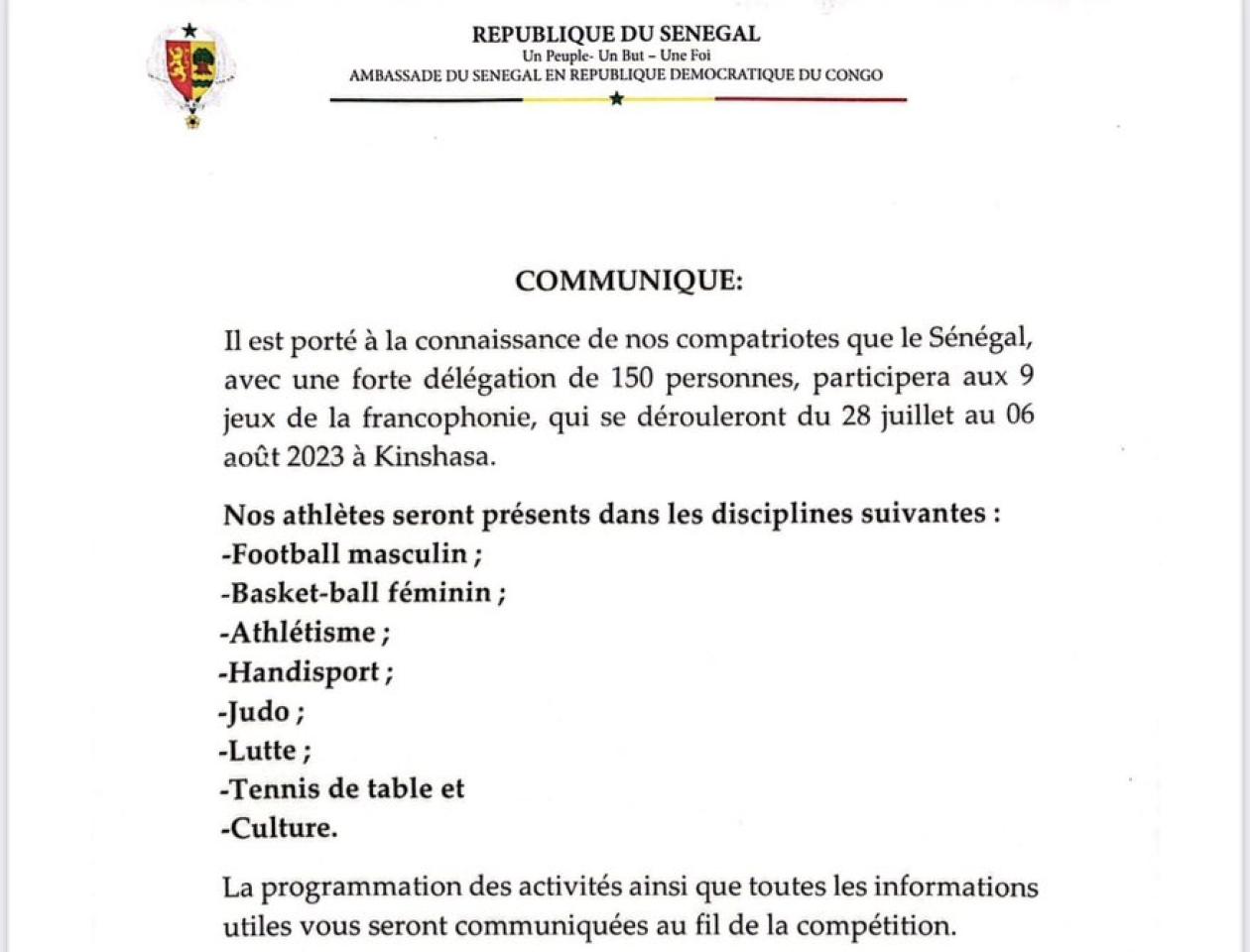 Communiqué  de l'ambassade de Sénégal sur la participation de son pays au 9 ème jeux de la Francophonie/ photo prise sur le compte tweeter de l'ambassade du Sénégal 