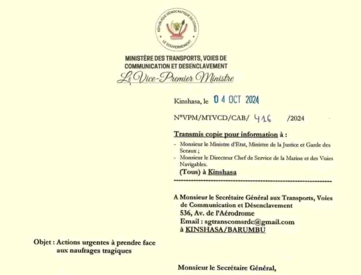 Communiqué officiel du Ministère des Transports, Voie de Communication et Désenclavement 