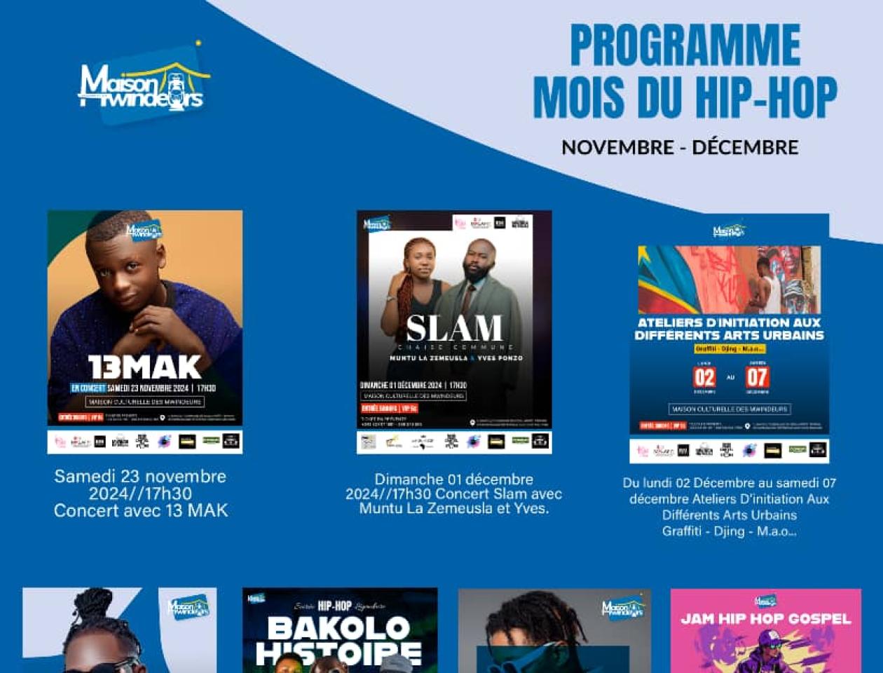 Affiche du programme du mois du Hip-hop au centre culturel des Mwindeurs